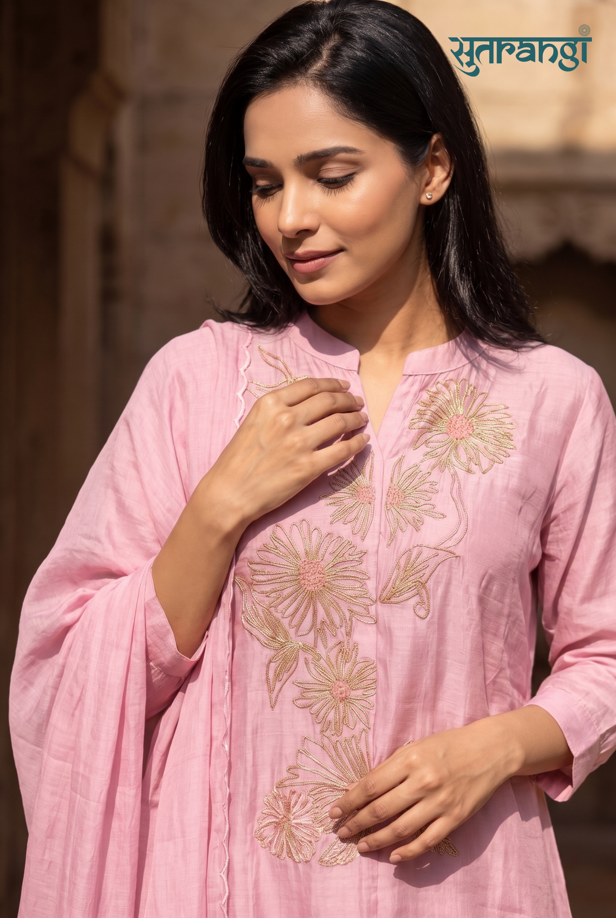 Blush Pink Mul Chanderi Aari Work Suit Set
