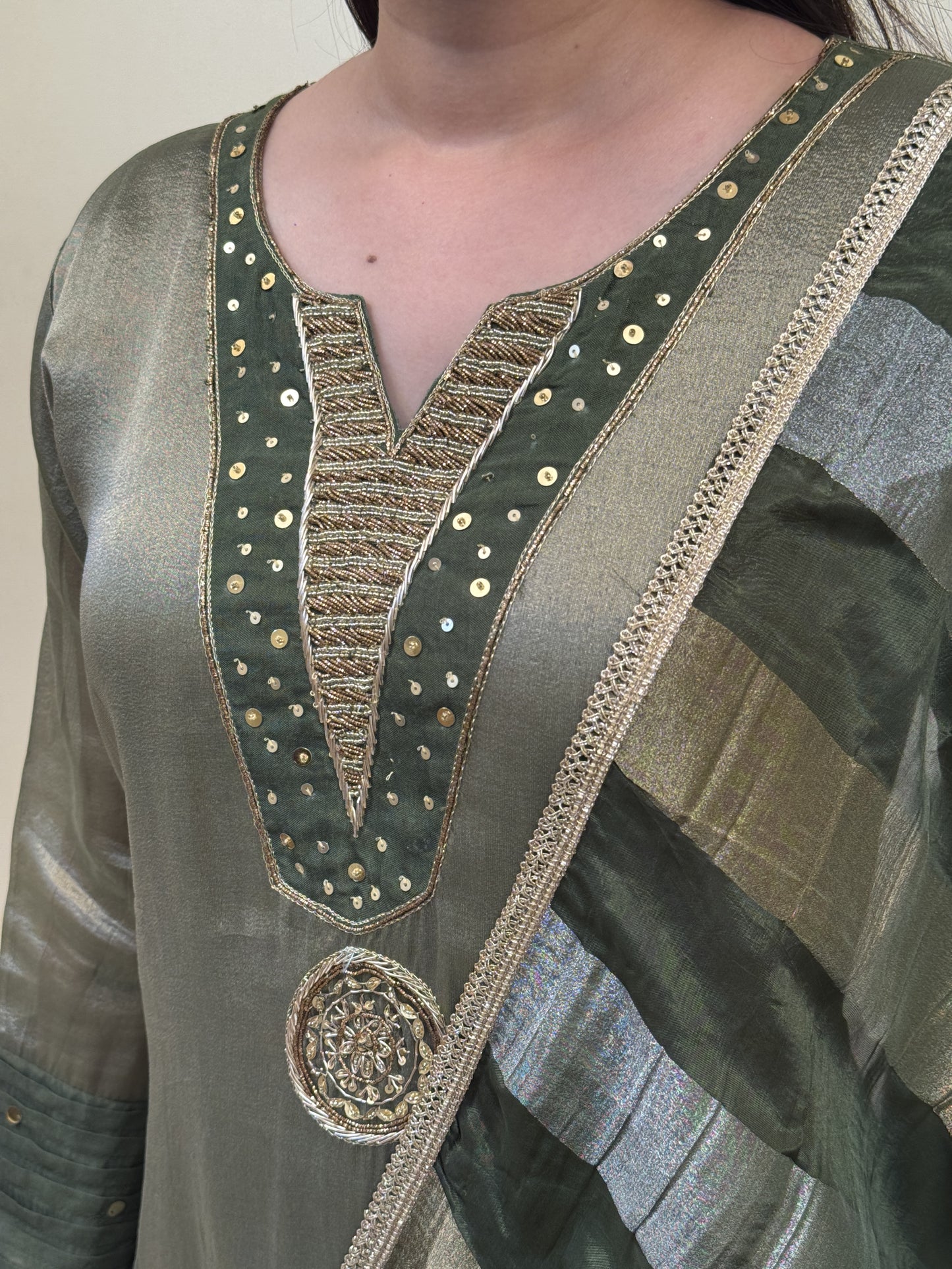Olive Mist Chanderi 3-Piece Suit Set