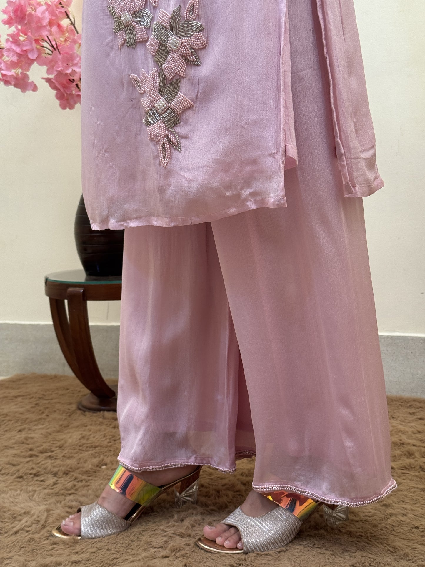 Blush Bloom Crepe Chinon Floral Embroidered 3-Piece Suit Set