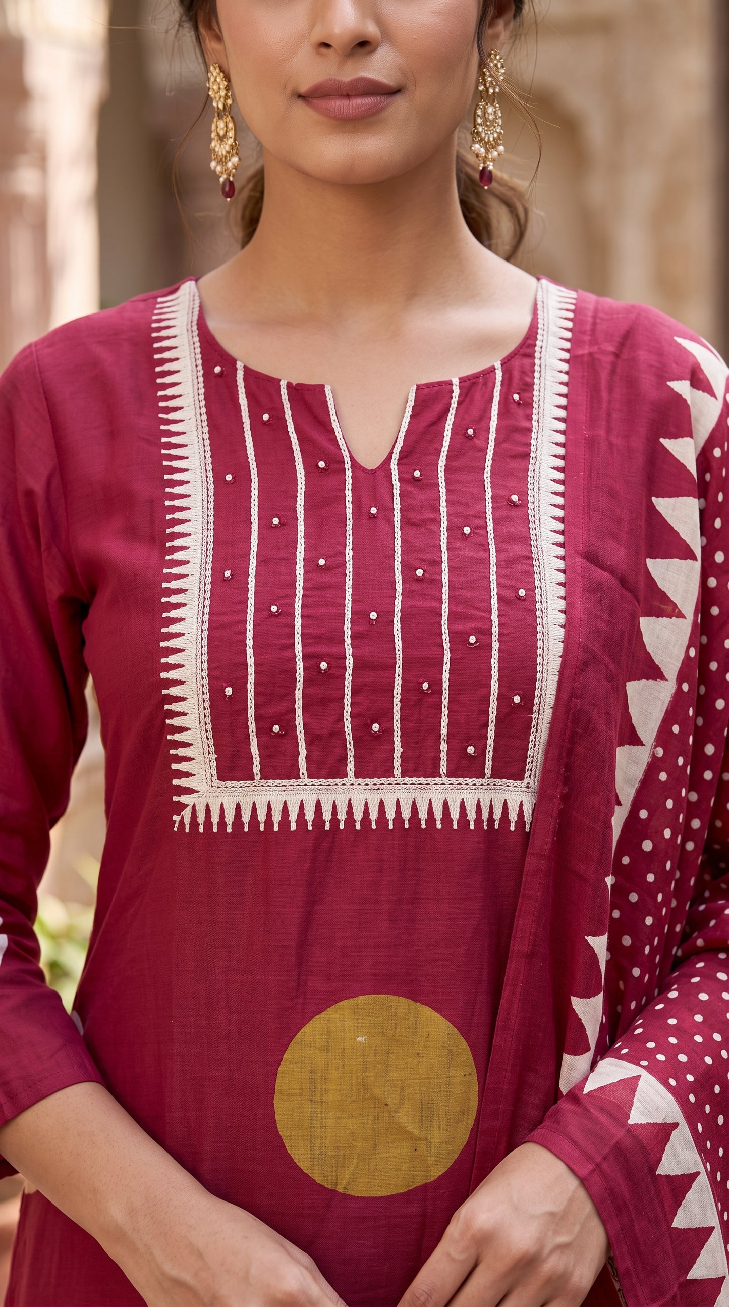 Maroon Dabu Dot Kurta Set