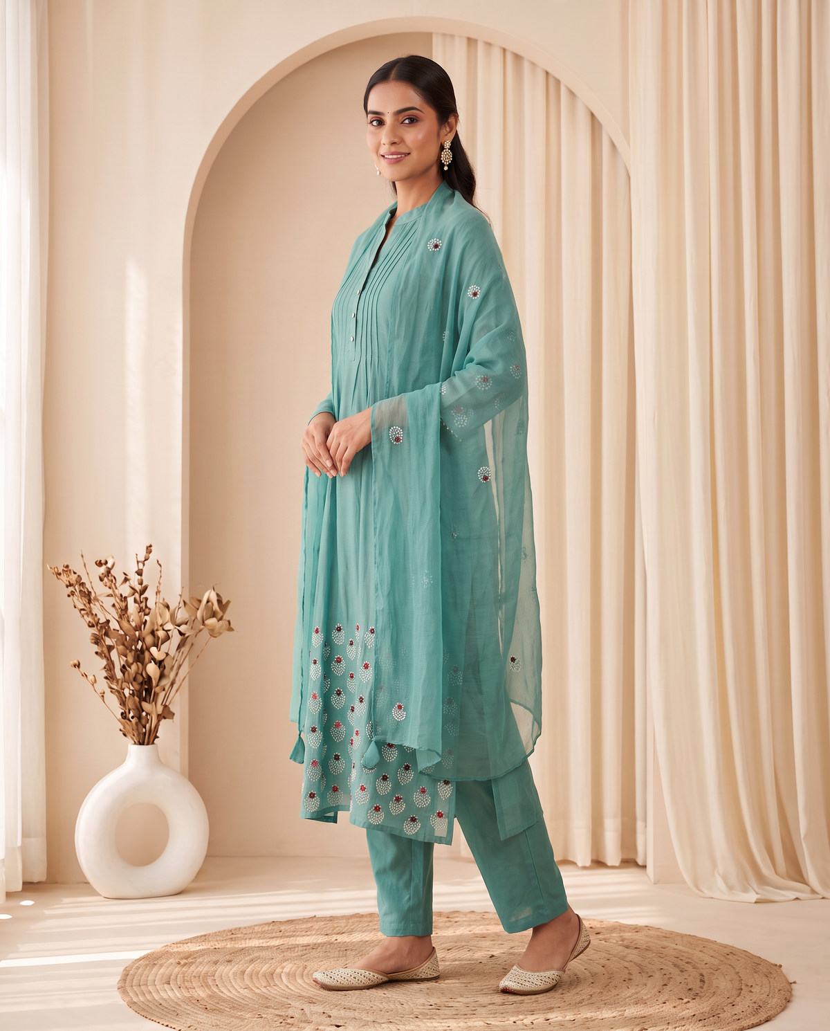 Seafoam Floral Embroidered Kurta Set – Teal Green party wear suit by Sutrangi (view 3)