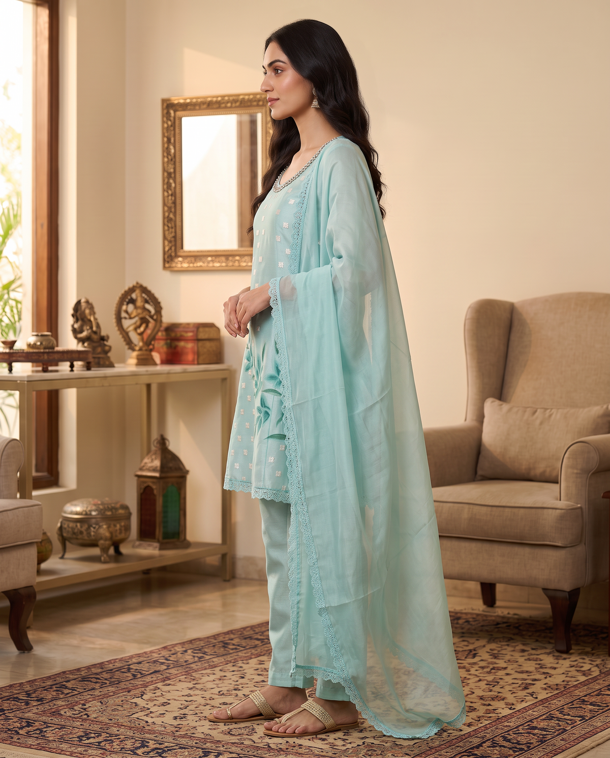 Aqua Bloom Embroidered 3-Piece Set