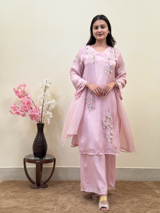 Blush Bloom Crepe Chinon Floral Embroidered 3-Piece Suit Set