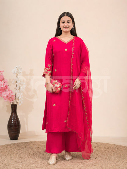 Crimson Elegance Dola Silk Embroidered 3-Piece Suit Set