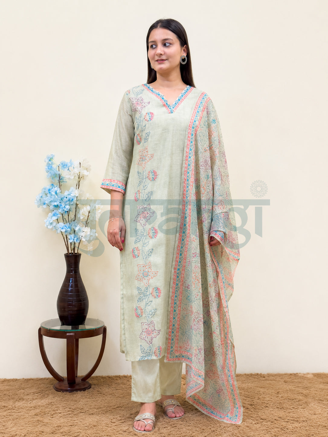 Sage Green Floral Kurta Set