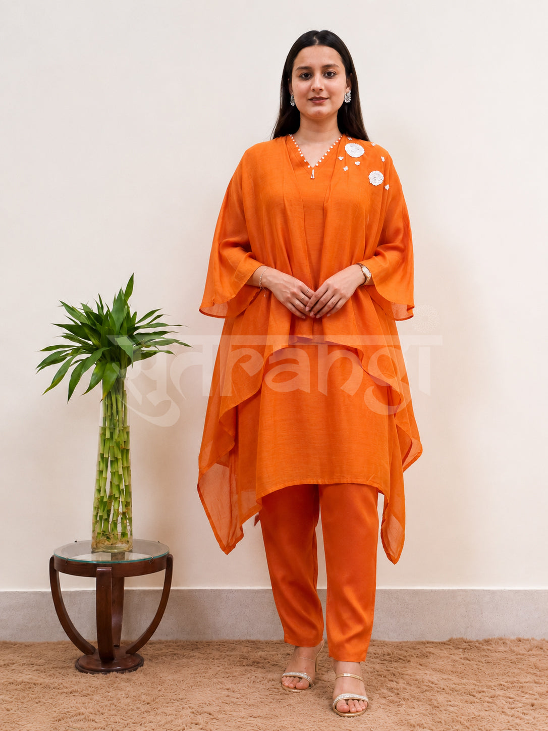 Orange Draped Co-ord Cape and Kurta Set