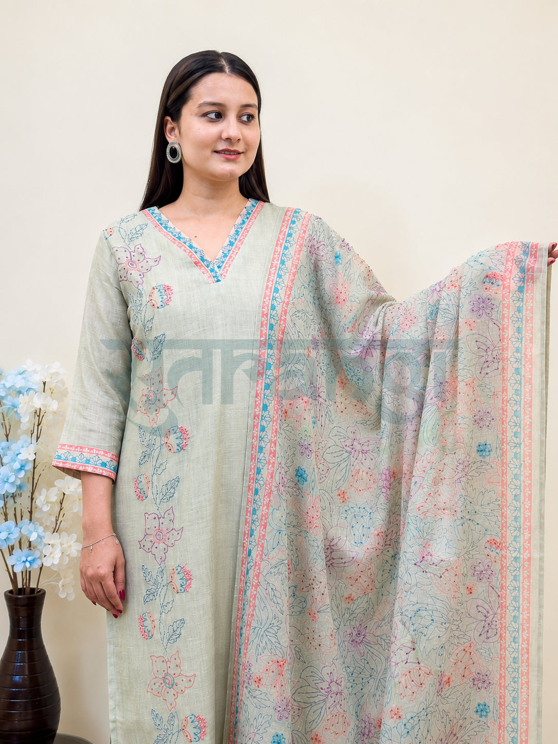 Sage Green Floral Kurta Set