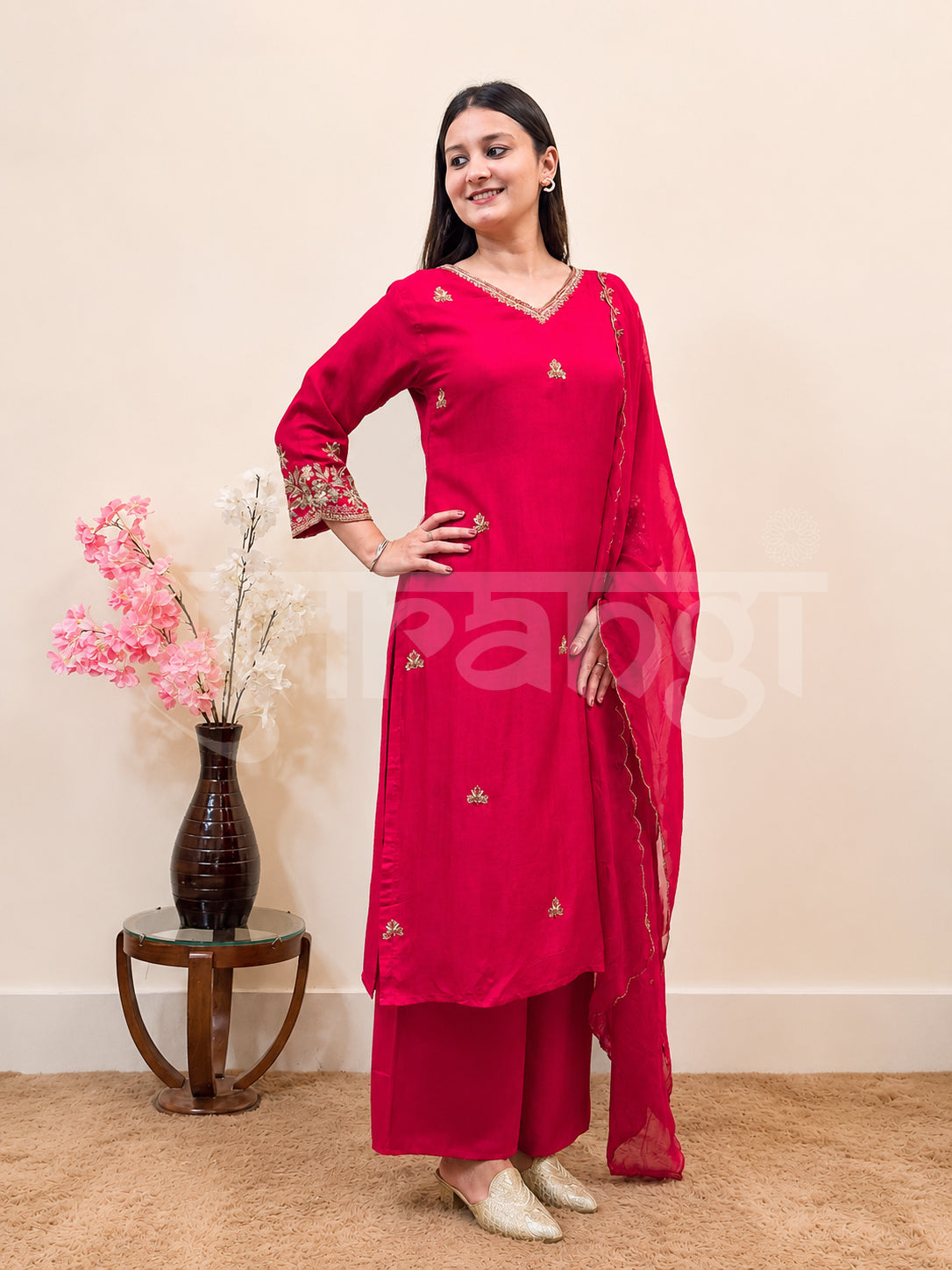 Crimson Elegance Dola Silk Embroidered 3-Piece Suit Set