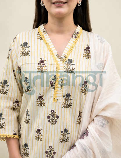 Ivory Bloom Khadi Cotton 3-Piece Suit Set