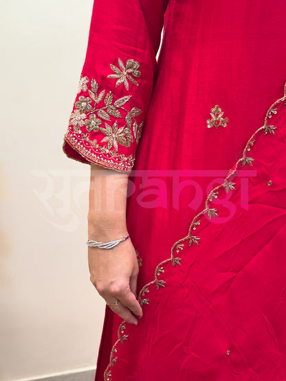 Crimson Elegance Dola Silk Embroidered 3-Piece Suit Set