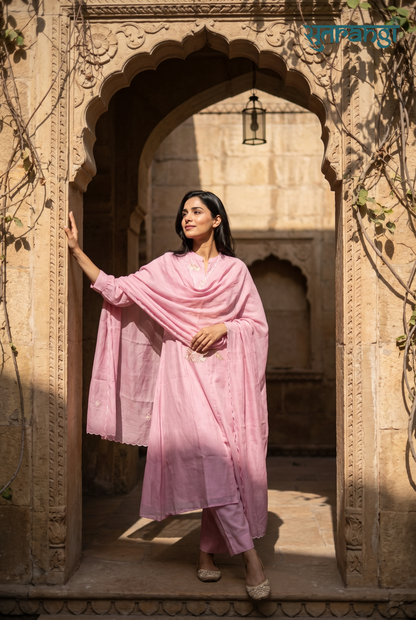 Blush Pink Mul Chanderi Aari Work Suit Set
