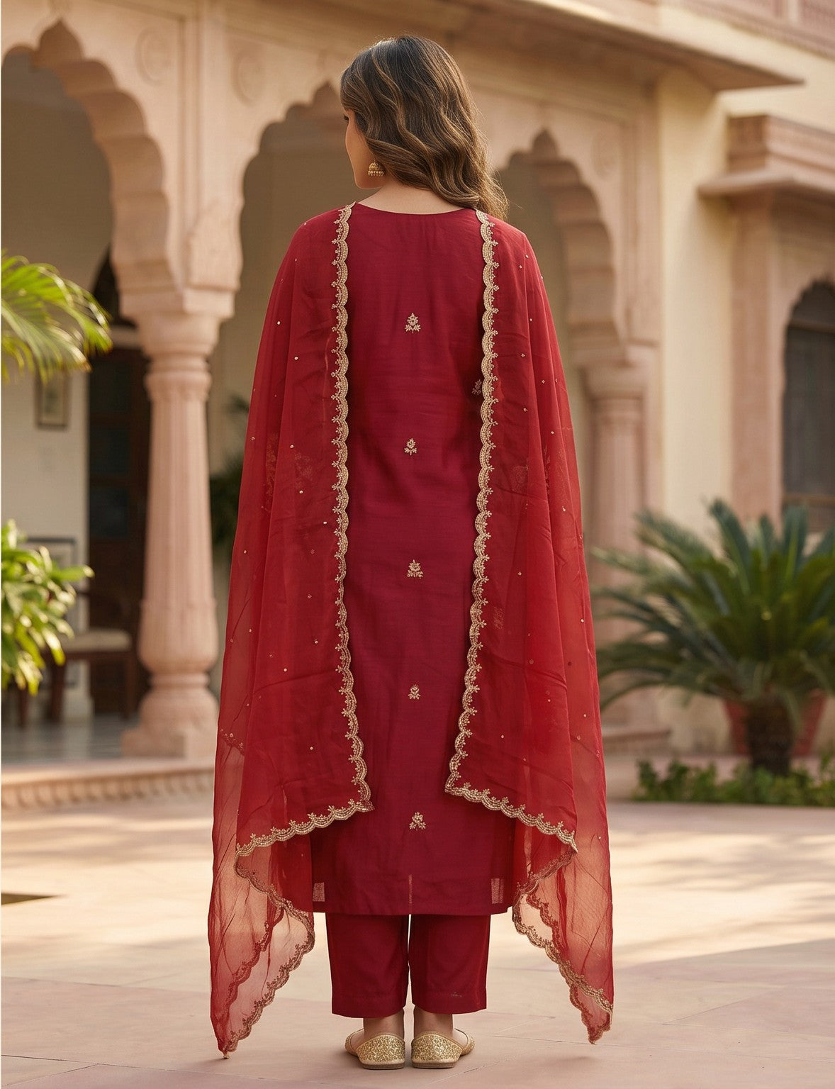 Blood red 3-piece in dola silk