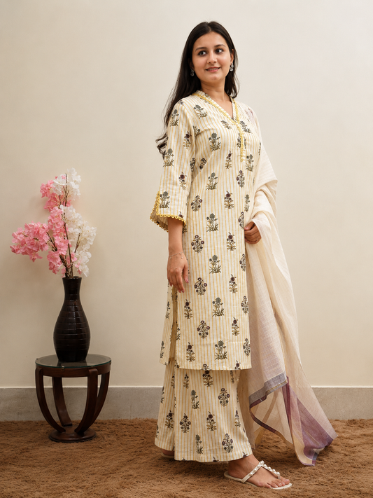 Ivory Bloom Khadi Cotton 3-Piece Suit Set