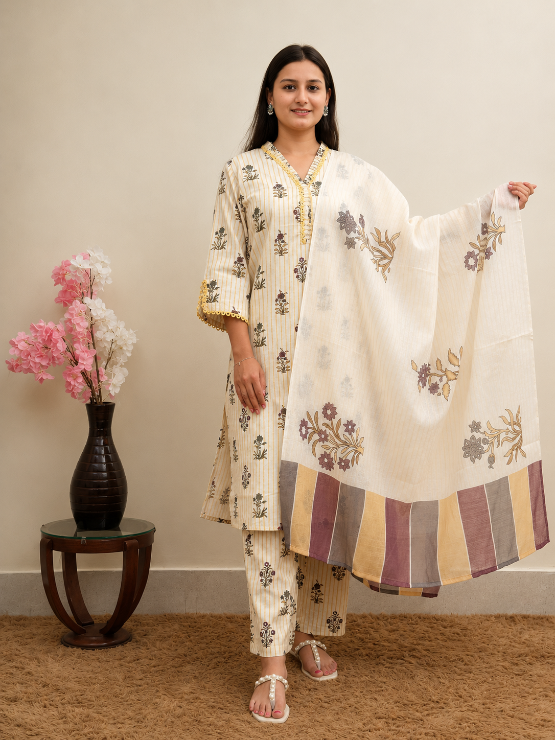 Ivory Bloom Khadi Cotton 3-Piece Suit Set