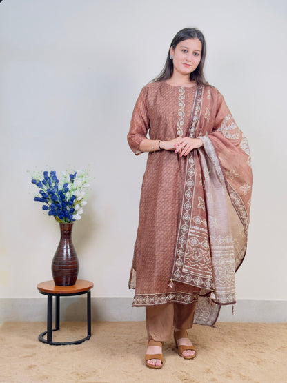 Mocha Brown Cotton 3-Piece Suit Set