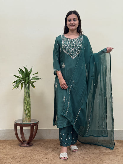 Emerald Elegance Chanderi 3-Piece Suit Set