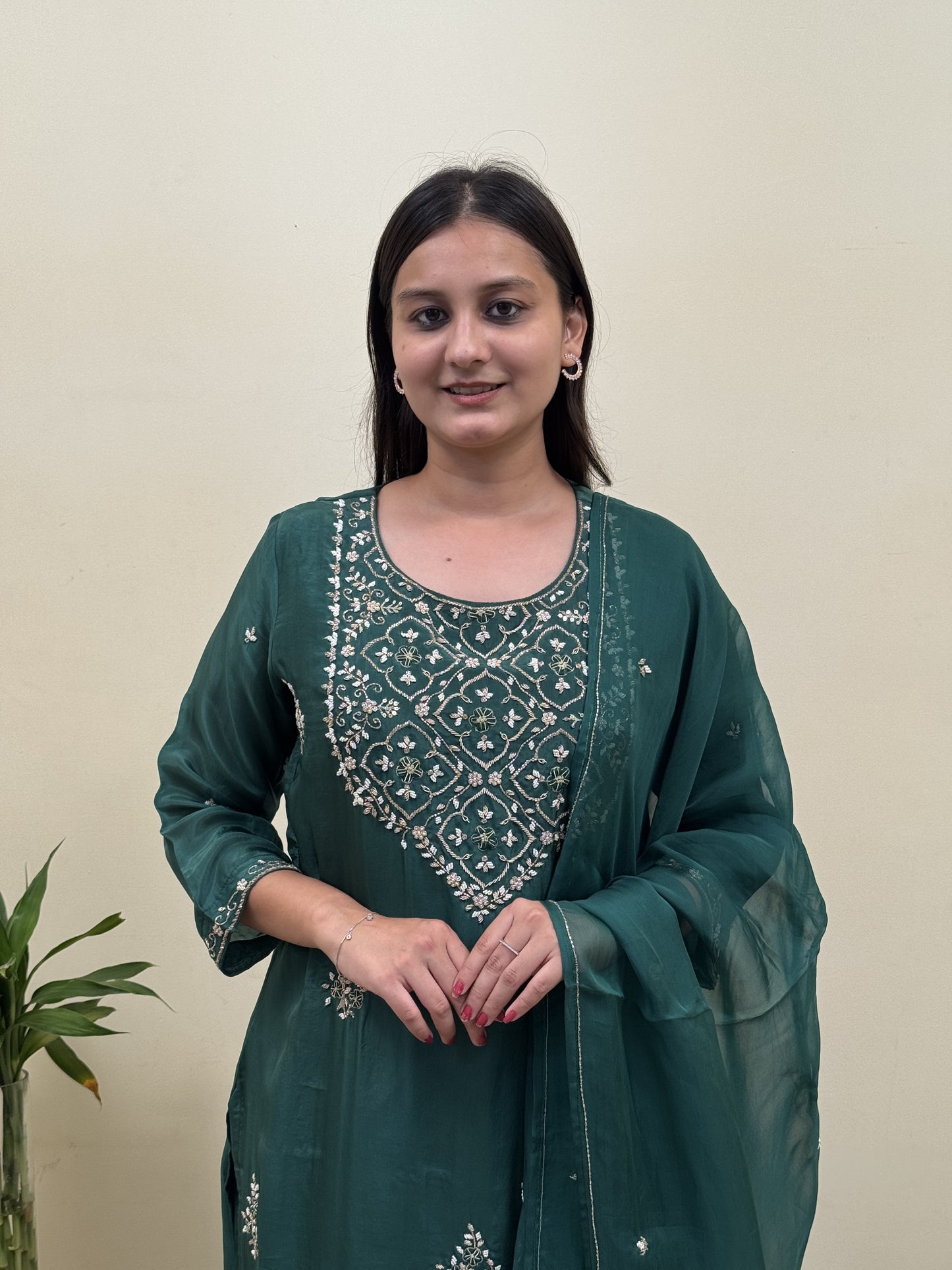 Emerald Elegance Chanderi 3-Piece Suit Set