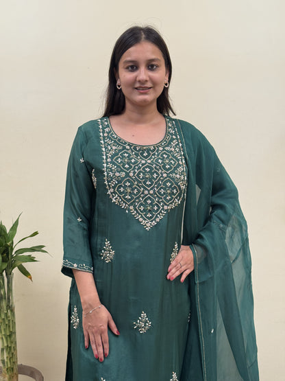 Emerald Elegance Chanderi 3-Piece Suit Set