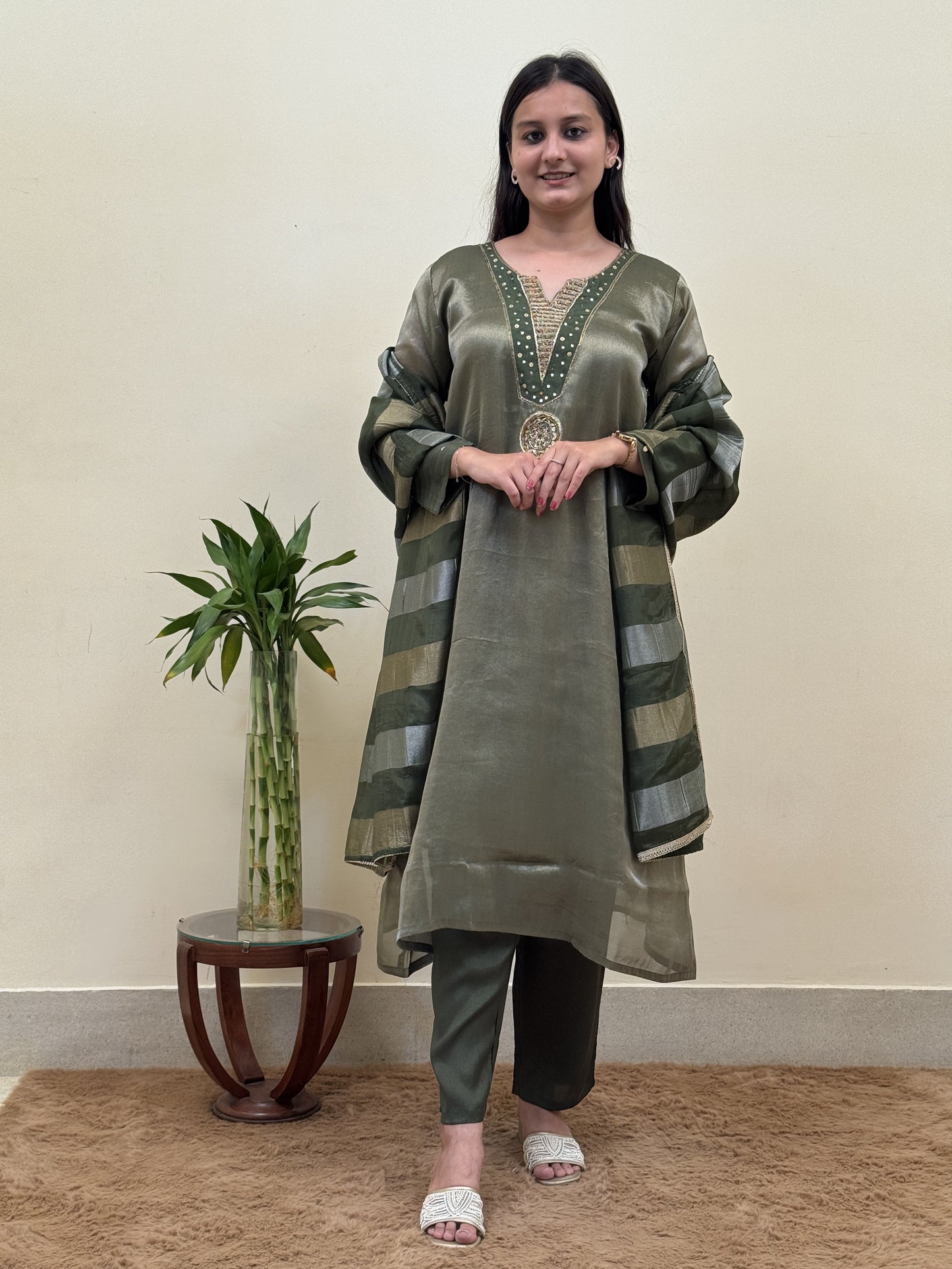 Olive Mist Chanderi 3-Piece Suit Set
