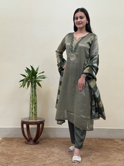 Olive Mist Chanderi 3-Piece Suit Set