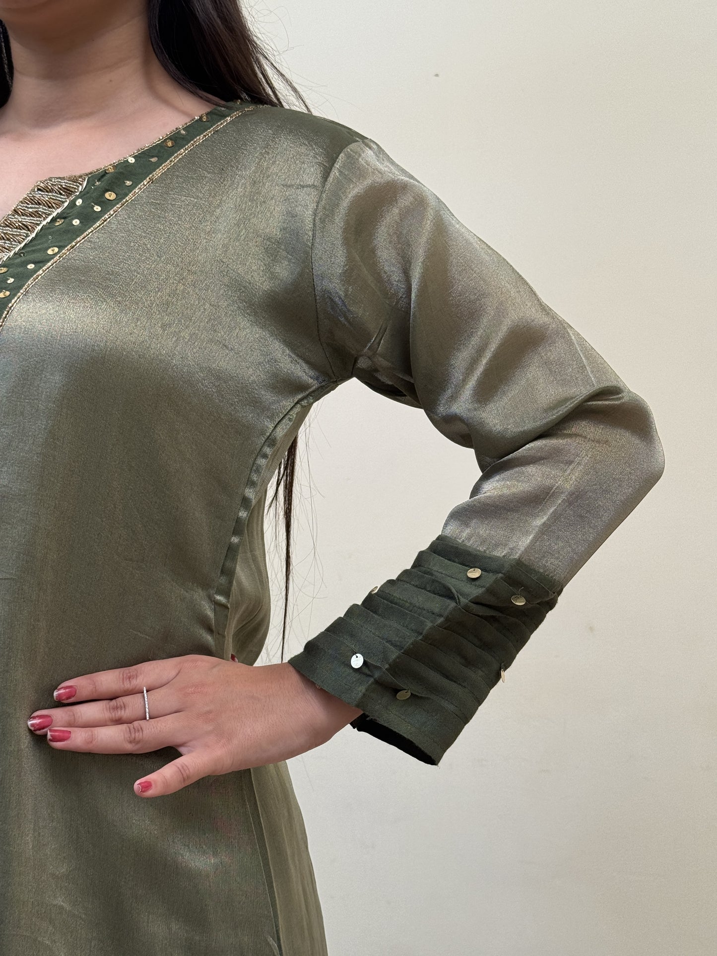 Olive Mist Chanderi 3-Piece Suit Set