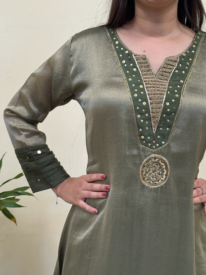 Olive Mist Chanderi 3-Piece Suit Set