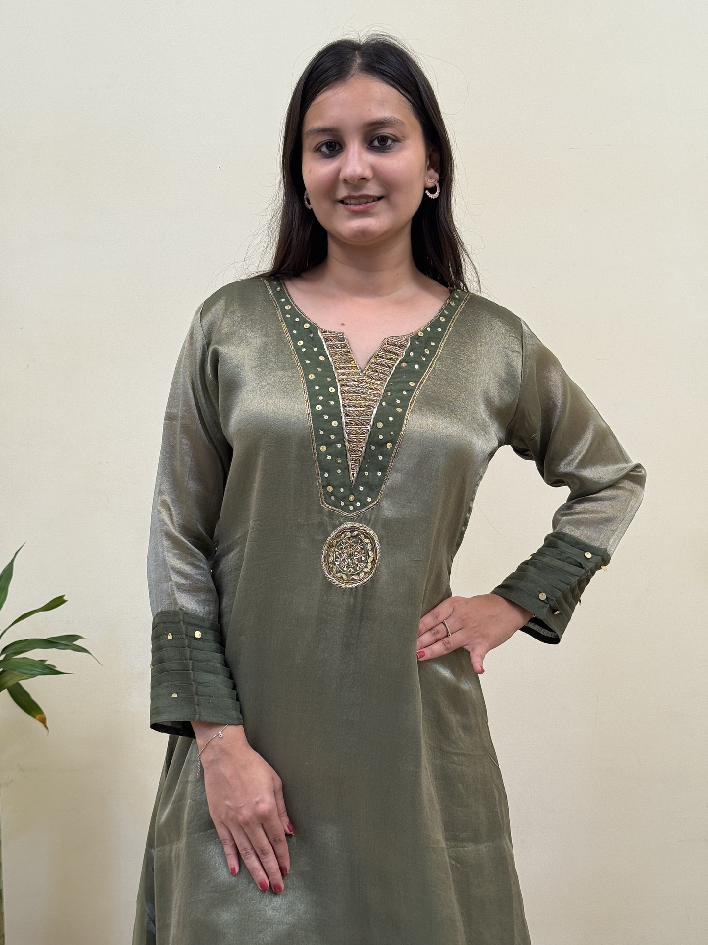 Olive Mist Chanderi 3-Piece Suit Set