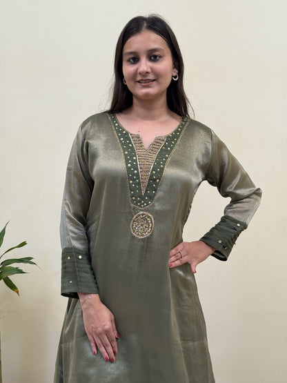 Olive Mist Chanderi 3-Piece Suit Set