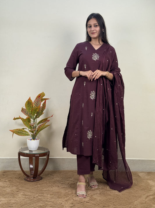 Wine Elegance Cotton 3-Piece Suit Set