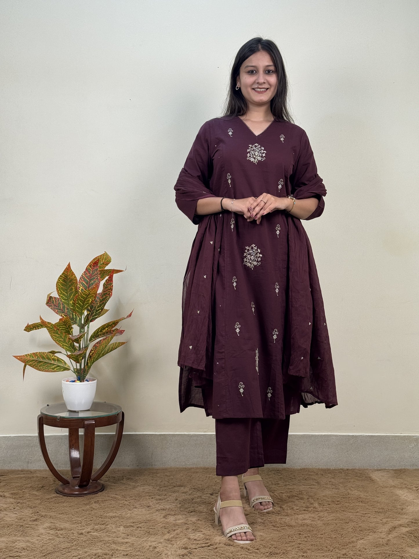 Wine Elegance Cotton 3-Piece Suit Set