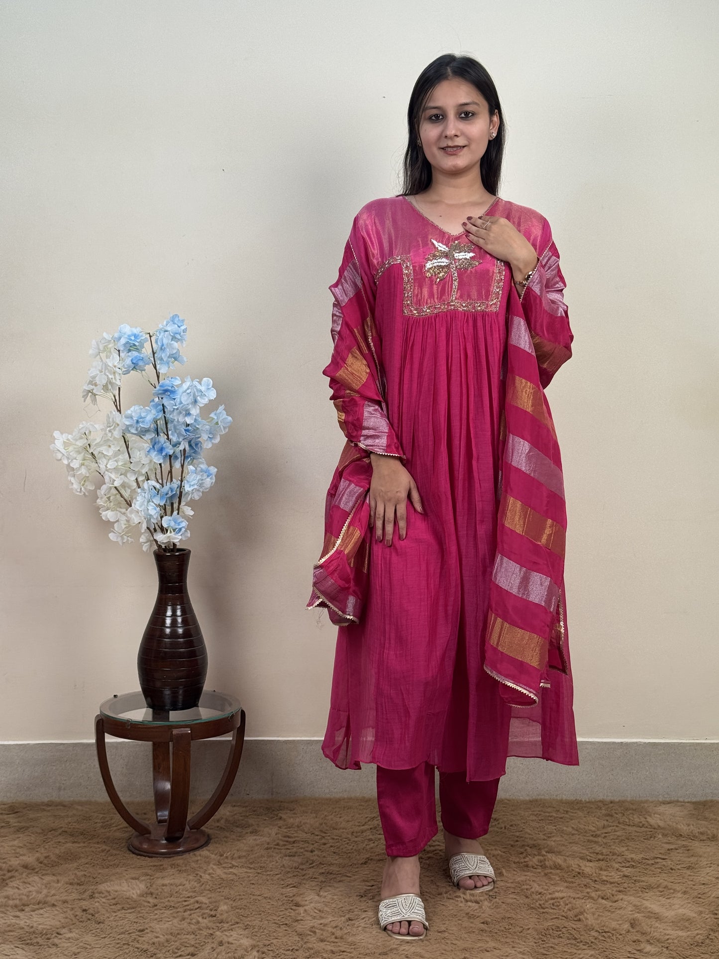 Fuchsia Bloom Chanderi 3-Piece Suit Set