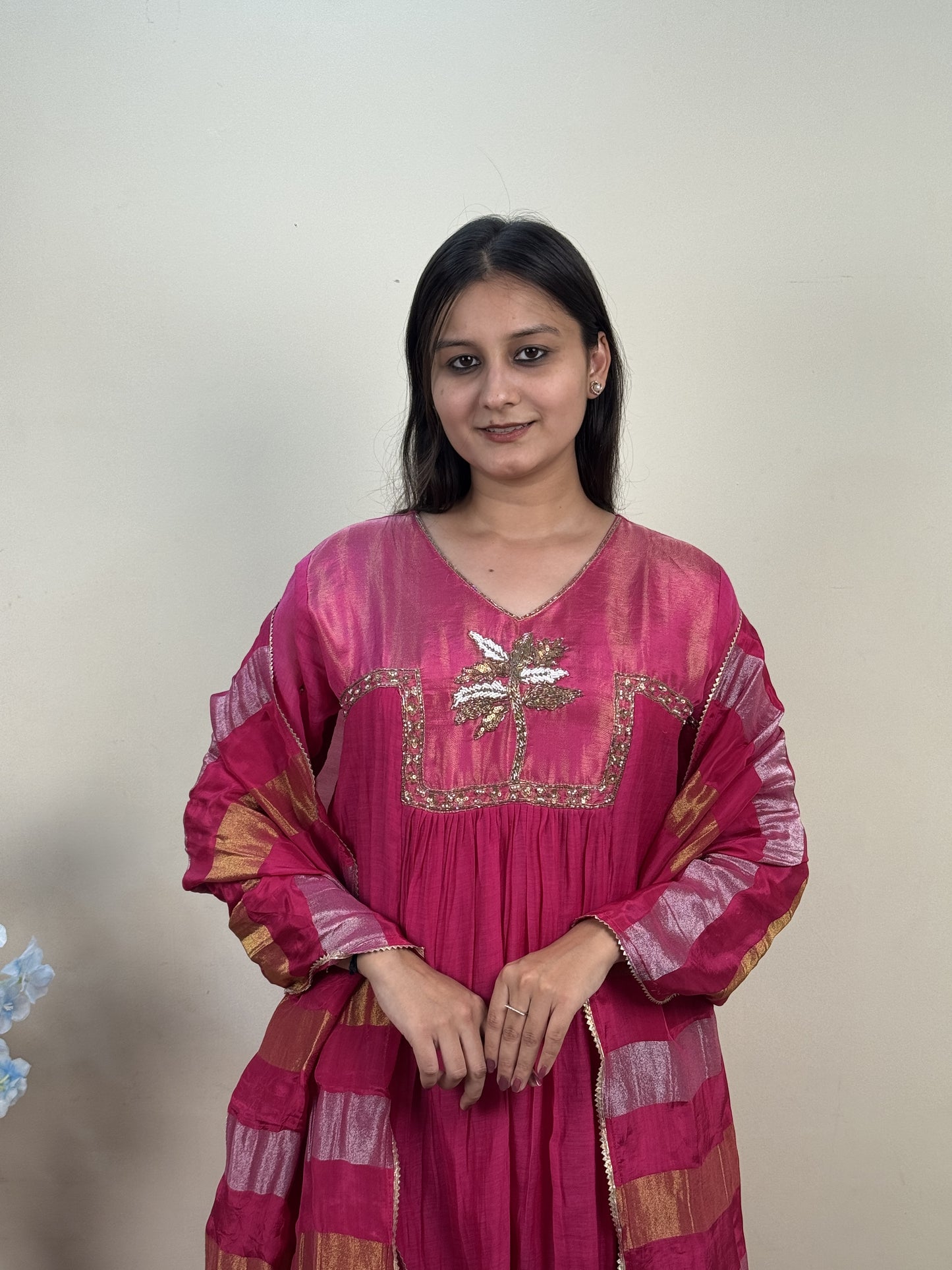 Fuchsia Bloom Chanderi 3-Piece Suit Set