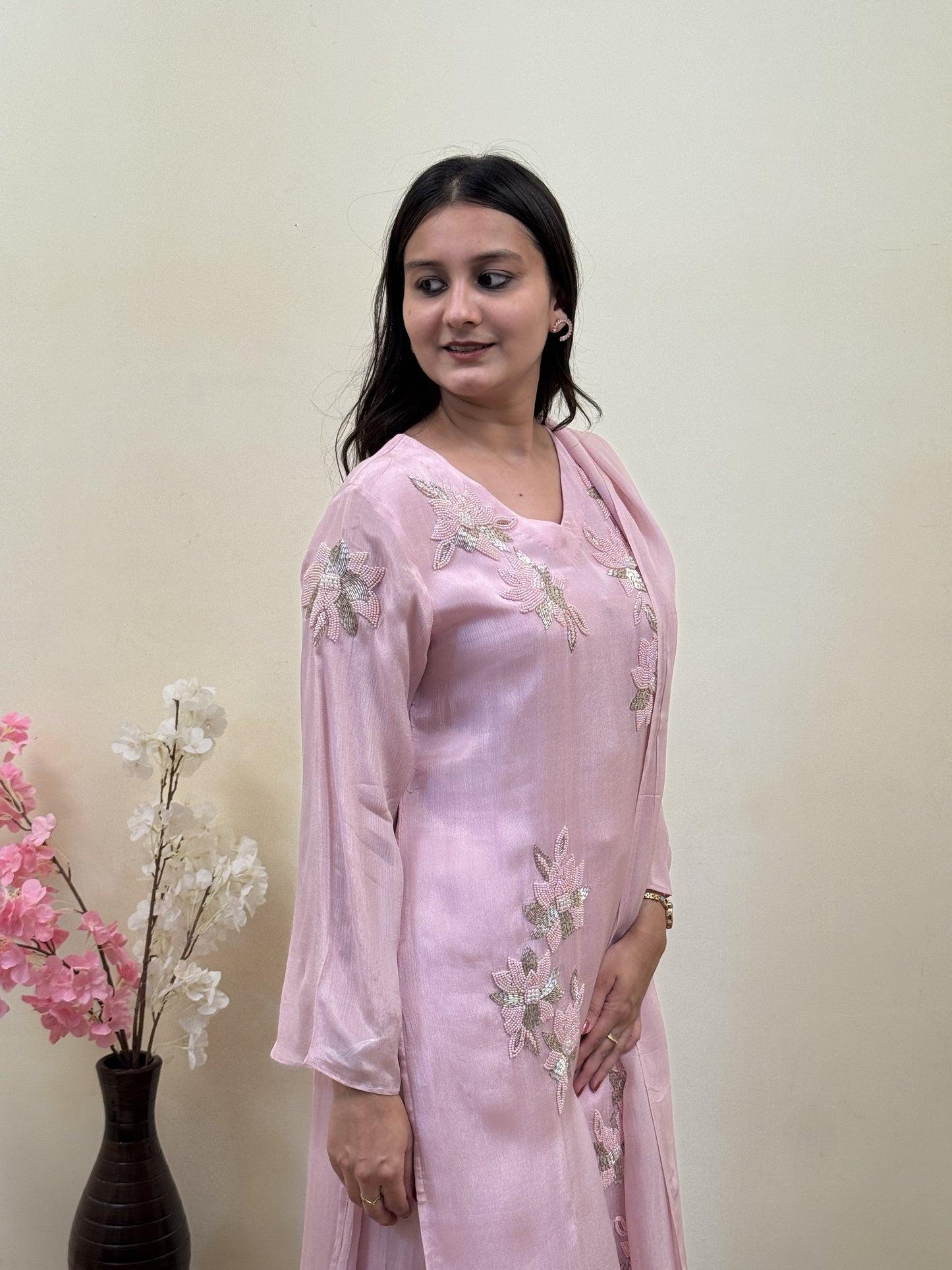Blush Bloom Crepe Chinon Floral Embroidered 3-Piece Suit Set