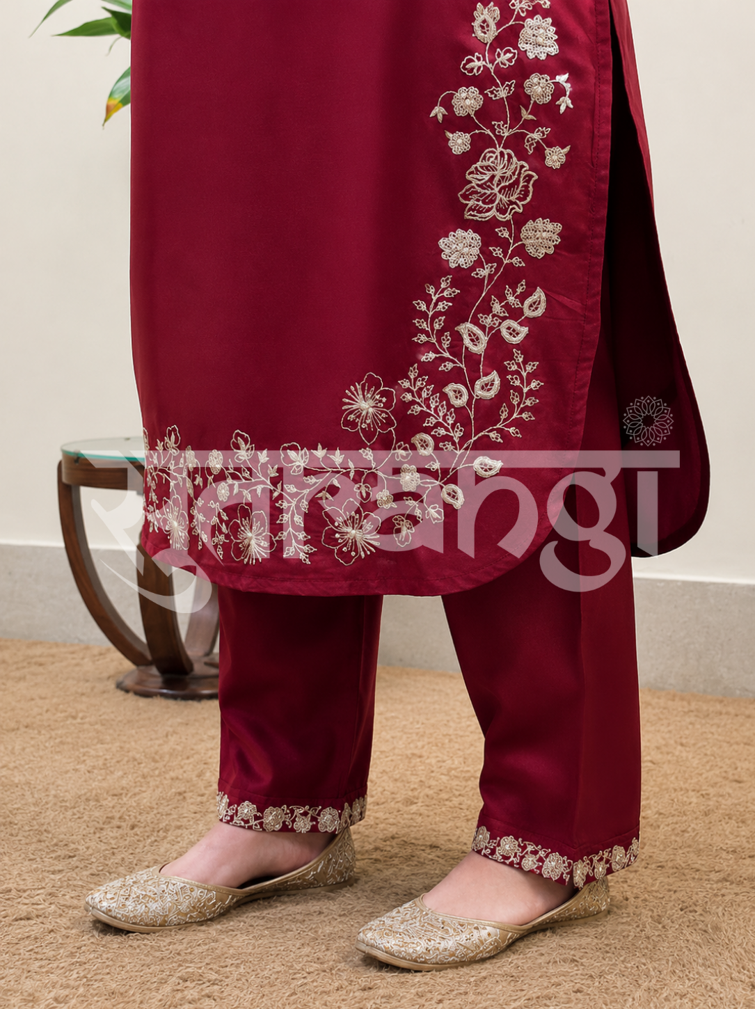 Dark Ruby Blossom Embroidered Suit Set