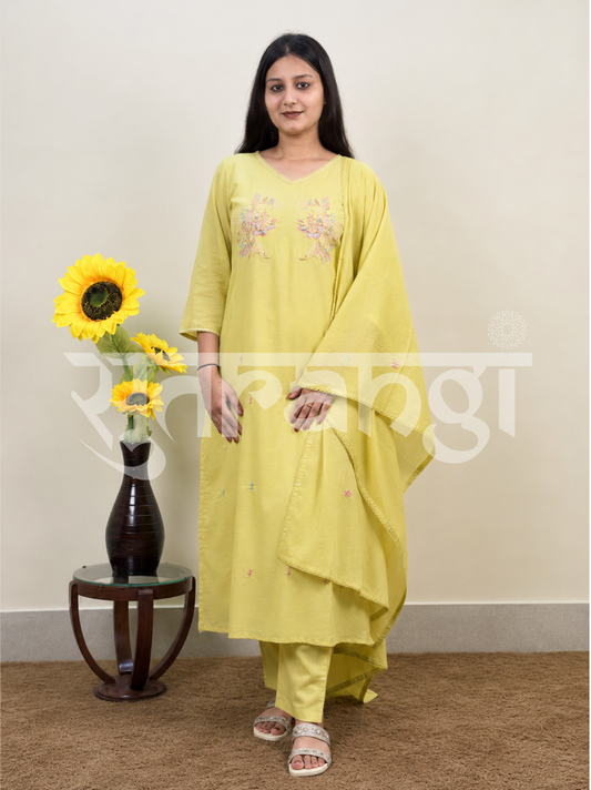 Lemon Yellow Embroidered Kurta Set