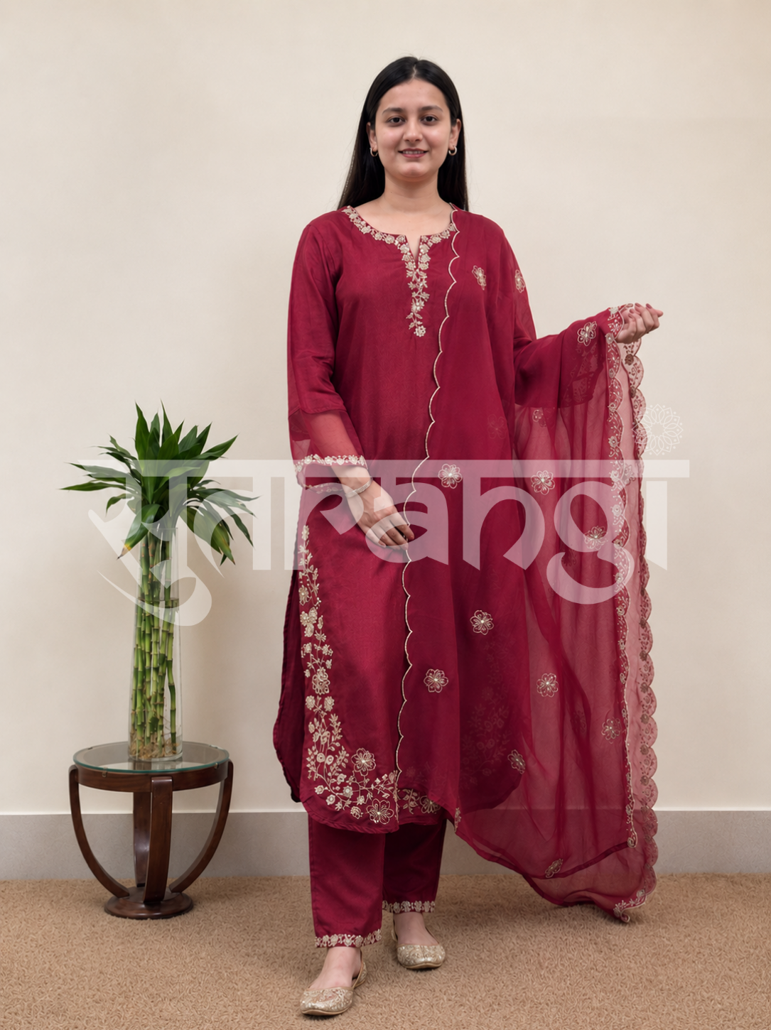 Dark Ruby Blossom Embroidered Suit Set