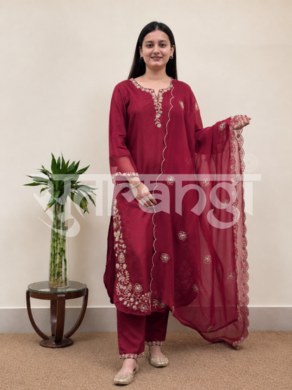 Dark Ruby Blossom Embroidered Suit Set