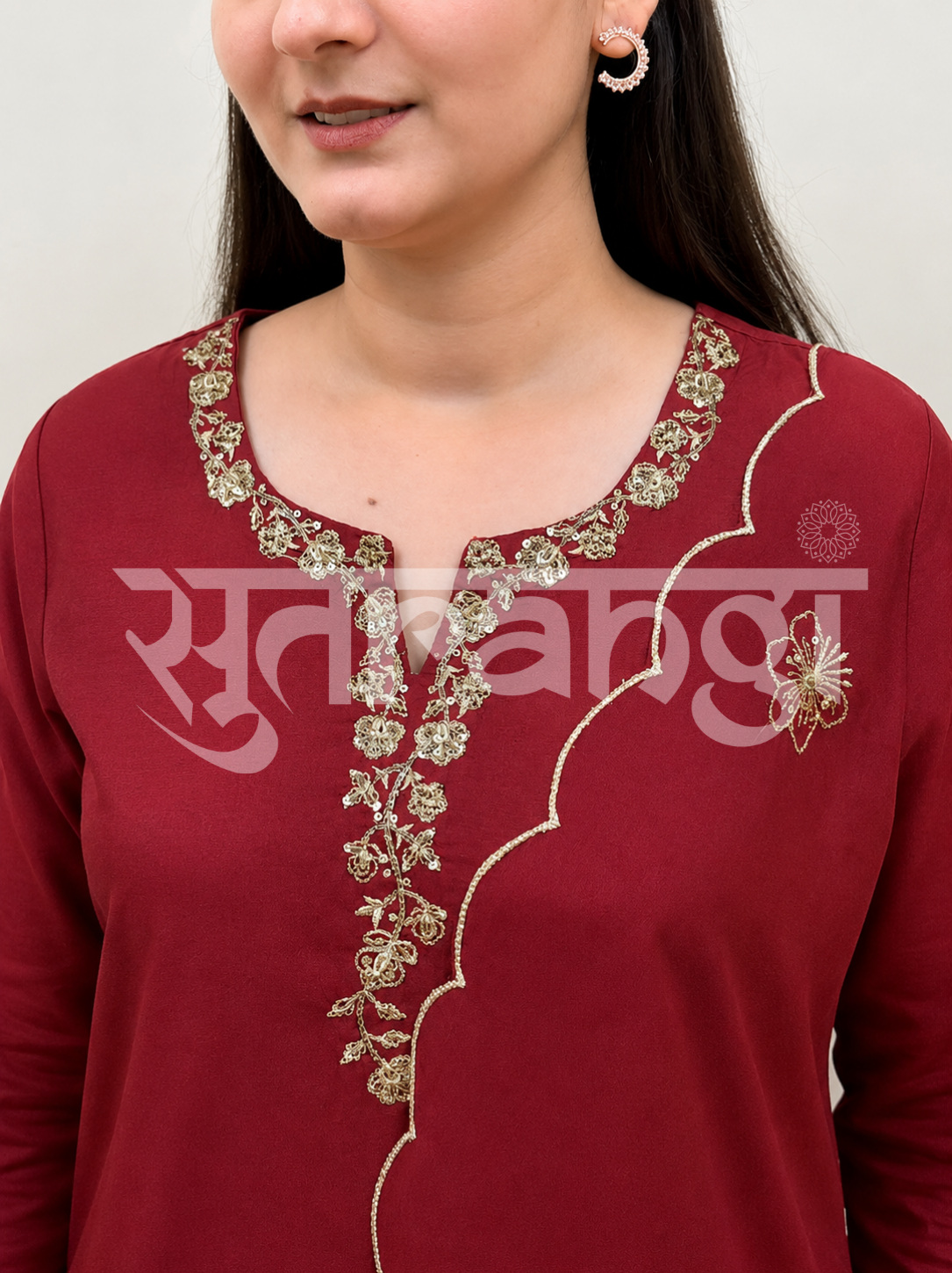 Dark Ruby Blossom Embroidered Suit Set
