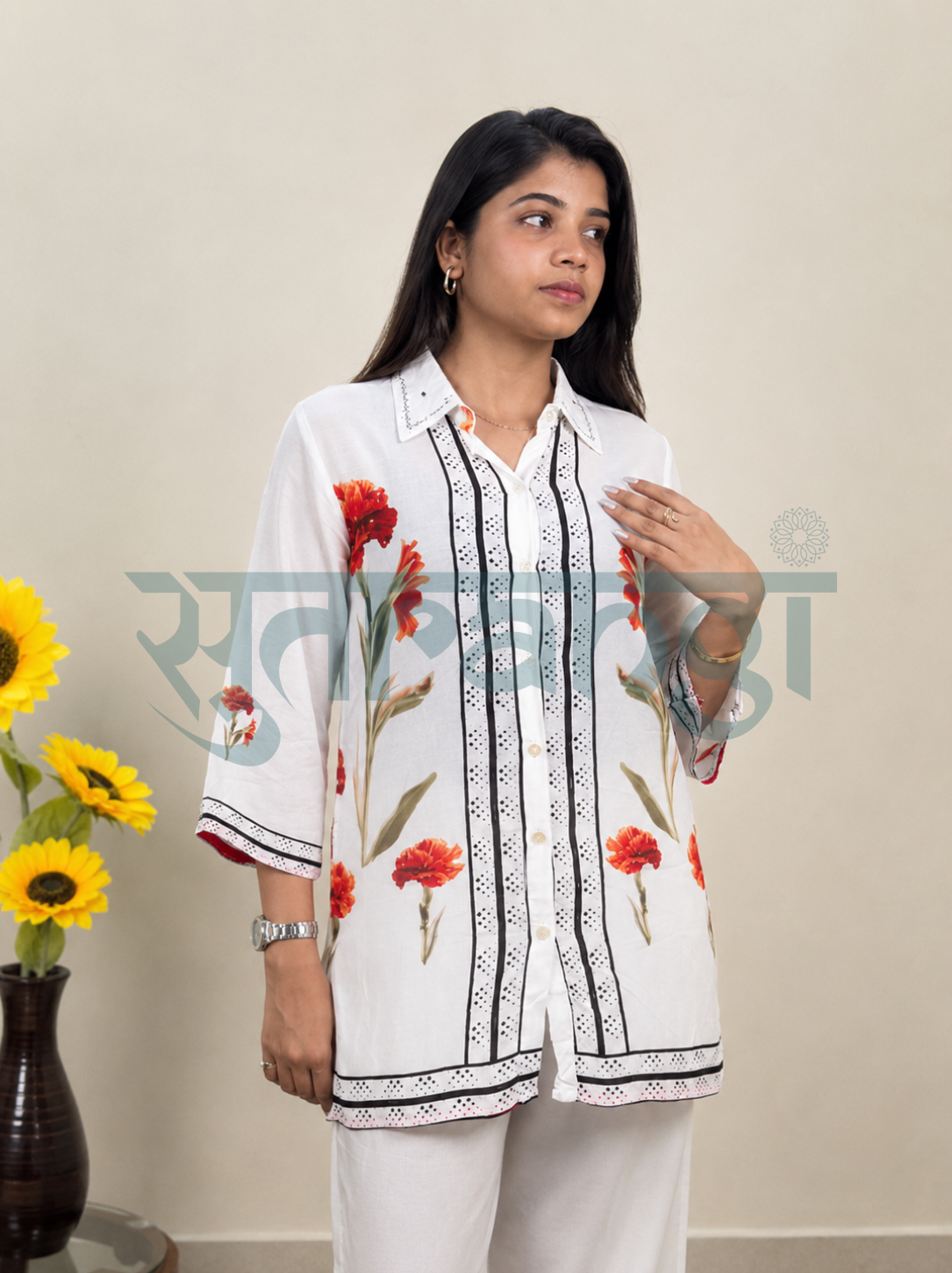 White & Scarlet Bloom Co-ord Set