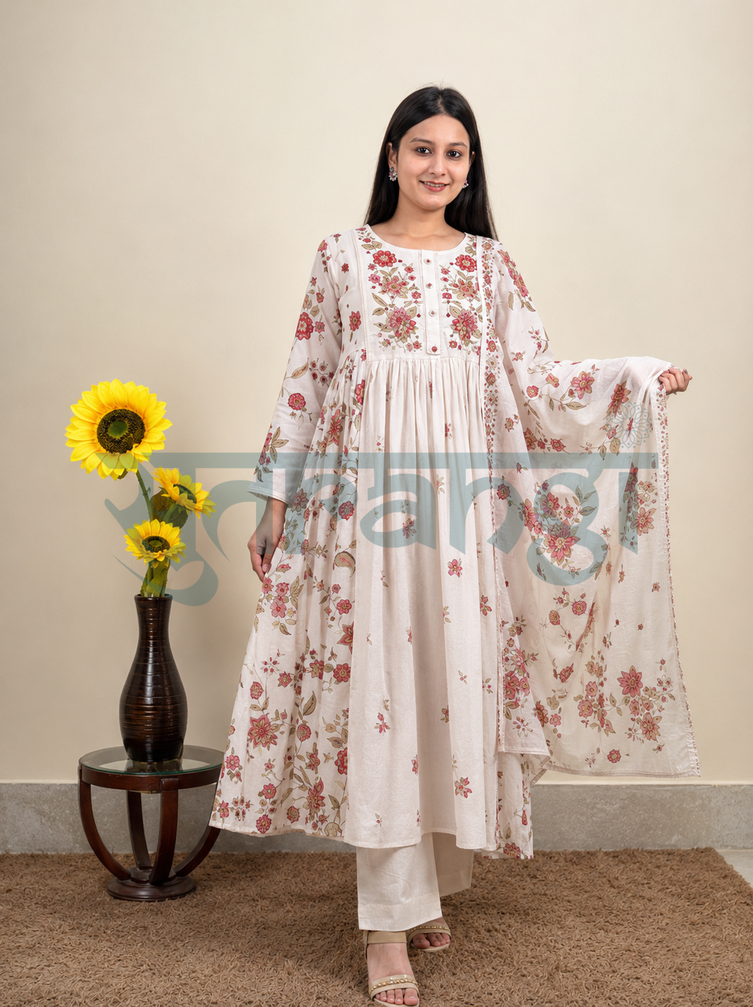 Ivory Floral Printed Anarkali Set