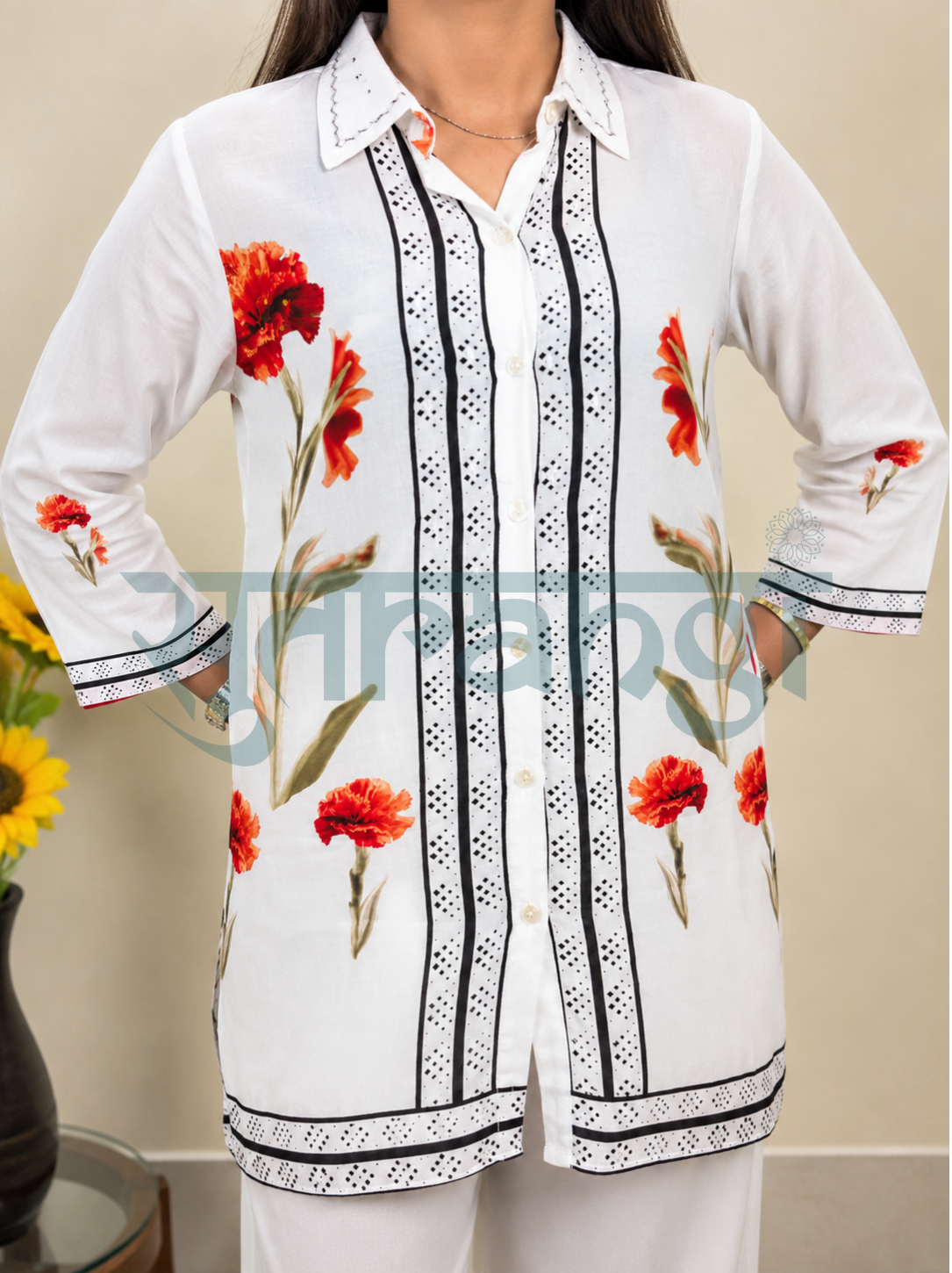 White & Scarlet Bloom Co-ord Set