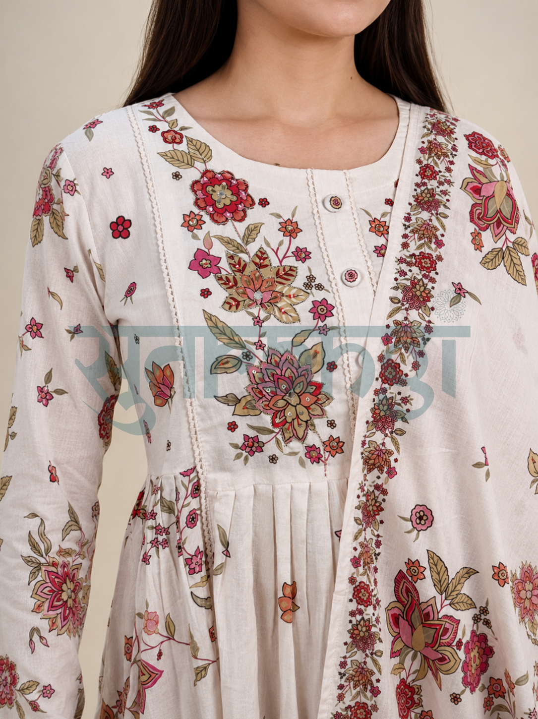 Ivory Floral Printed Anarkali Set
