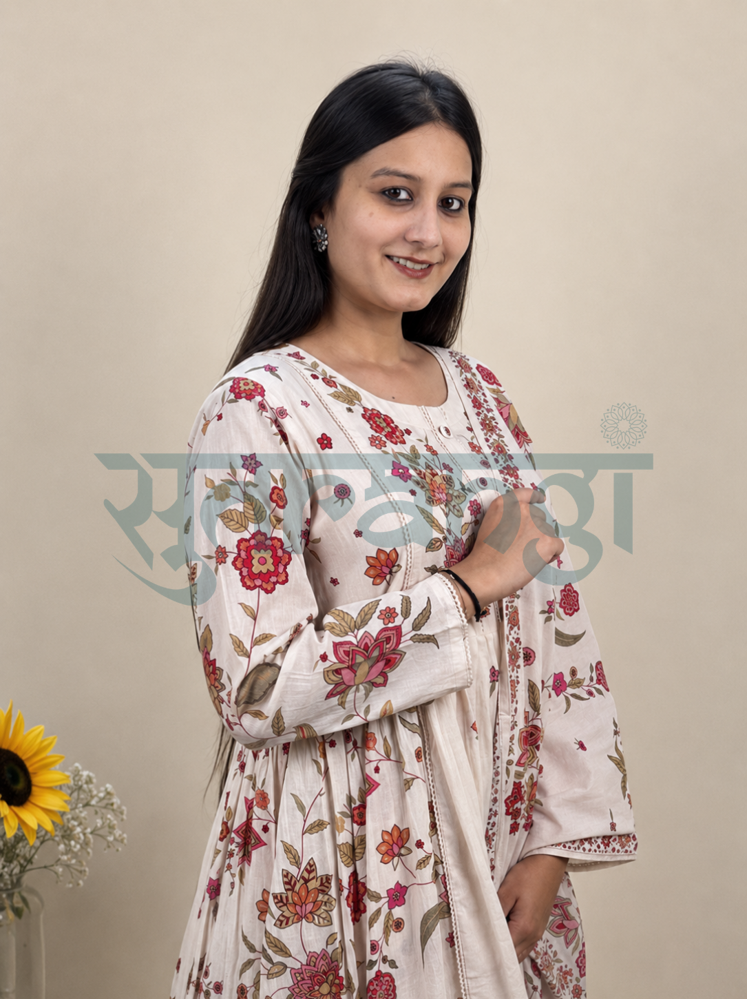 Ivory Floral Printed Anarkali Set