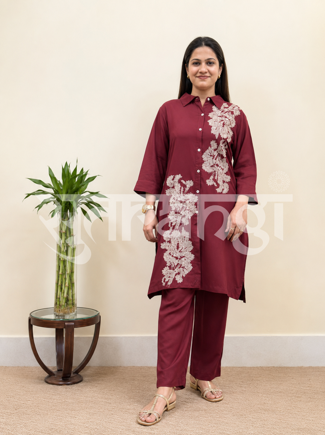 Burgundy Bloom Embroidered Co-ord Set