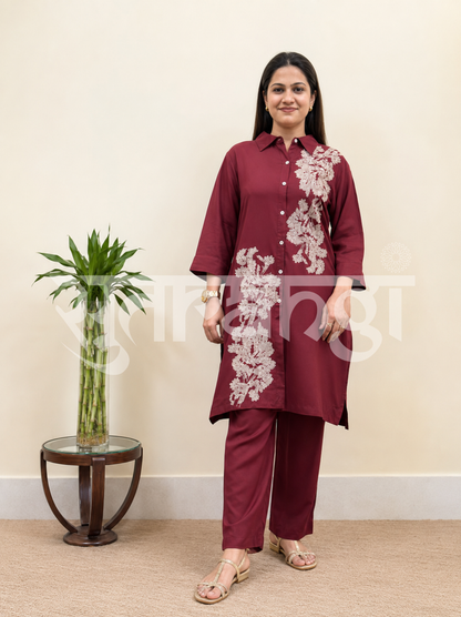Burgundy Bloom Embroidered Co-ord Set