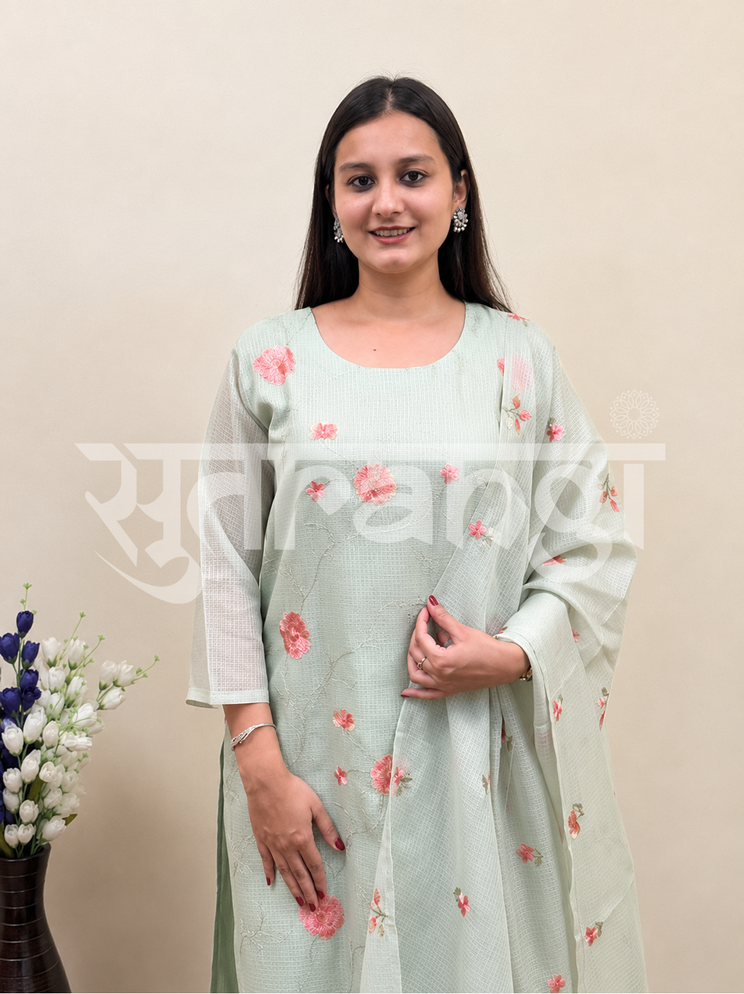 Mint Blossom Embroidered Suit Set