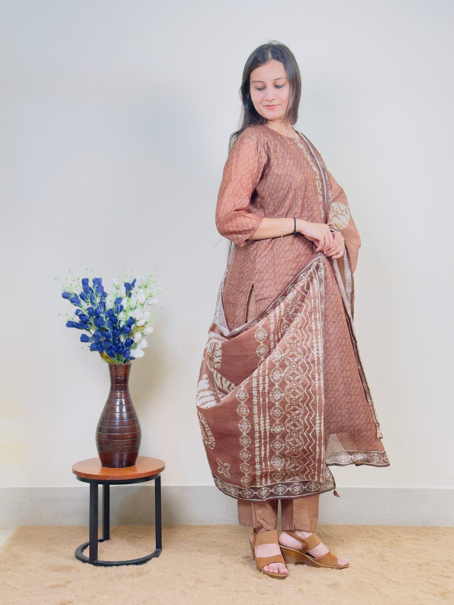 Mocha Brown Cotton 3-Piece Suit Set