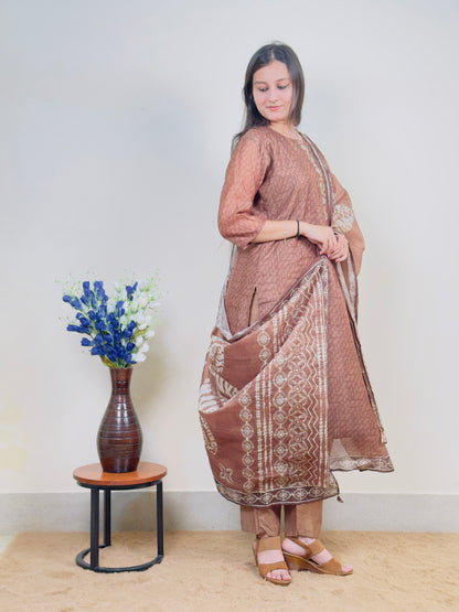 Mocha Brown Cotton 3-Piece Suit Set