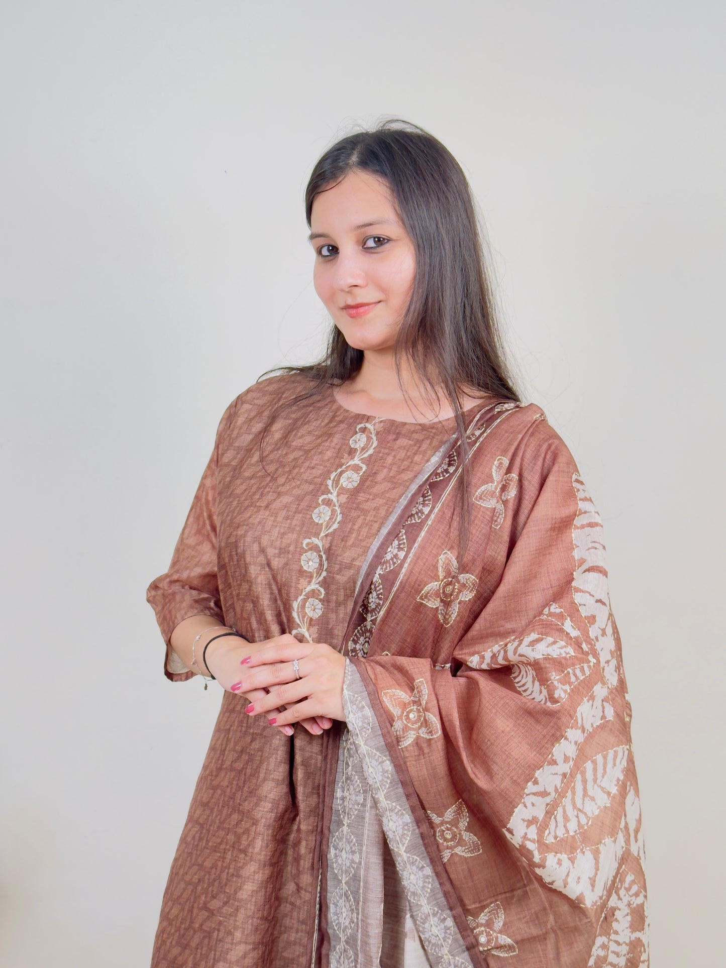 Mocha Brown Cotton 3-Piece Suit Set