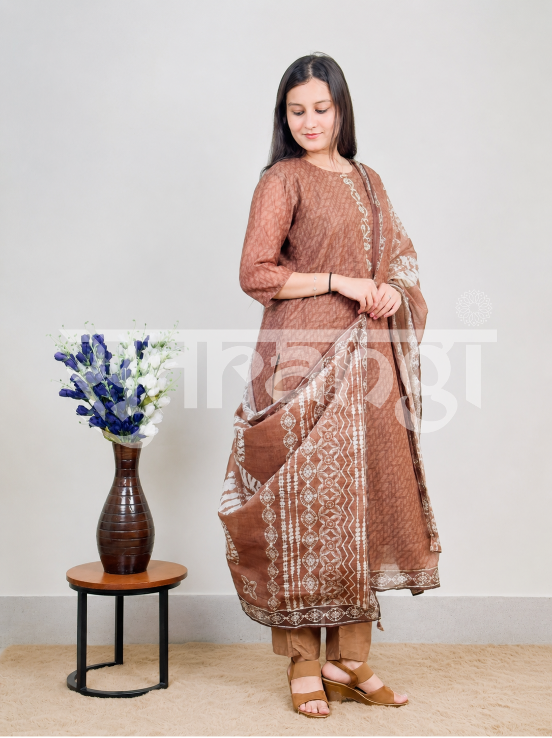 Mocha Brown Cotton 3-Piece Suit Set